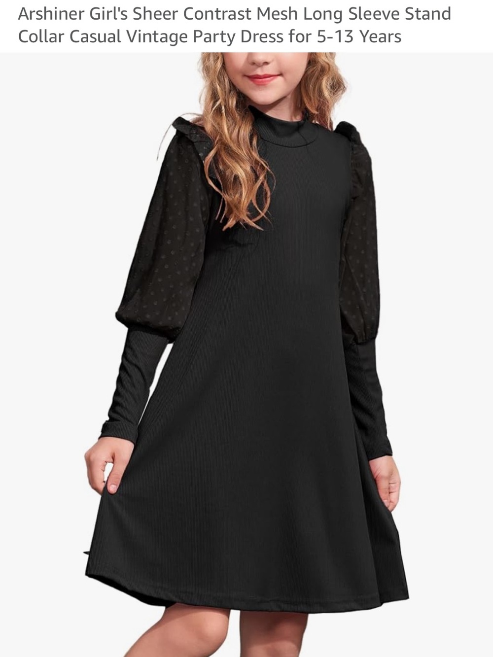 Arshiner Girls' Black Sheer Mesh Sleeve Casual Stand-Collar Dress